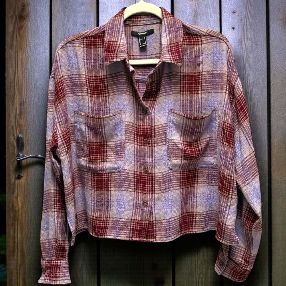 Forever 21 Plaid Cropped Flannel Shirt Burgundy Lavender Oversized Size Small